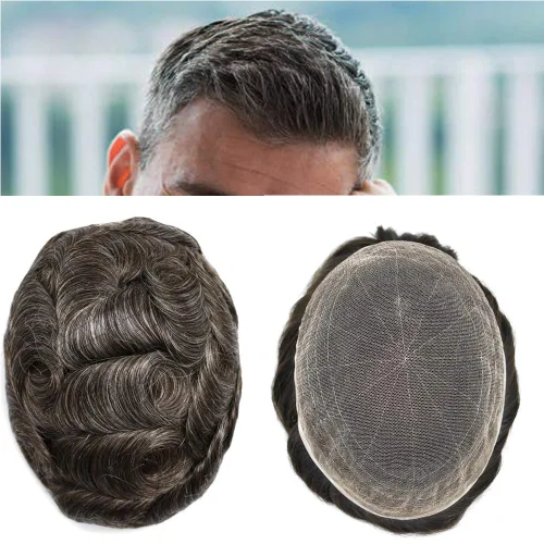 Vista 12 de Sistema de cabello para hombre, encaje francés suave, pieza de cabello humano real, nudos blanqueados, cabello frontal, tupé para hombres