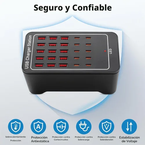 Vista 4 de Bloque de Cargador USB C, 125W (25A) 25 Puertos (15 USB A y 10 USB C) Estación de Carga Múltiple, Cargador de Pared de Escritorio Compatible