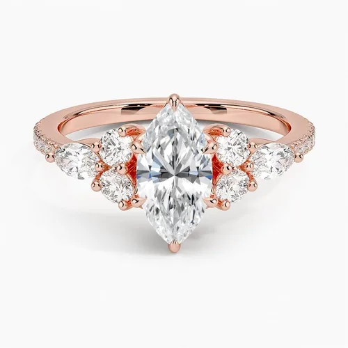 Vista 5 de IGI Anillo de compromiso de diamantes de 4 puntas de corte marquesa blanco de 1.56 quilates con marquesa lateral y diamantes redondos de laboratorio