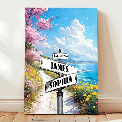 Vista 8 de Señal de calle vintage personalizada para parejas en lienzo, nombres y fecha personalizados, regalos de Navidad para ella o él, regalo del Día