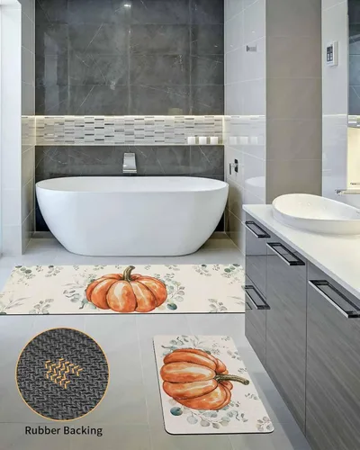 Vista 5 de Tapete de baño naranja con calabaza de Acción de Gracias para bañera, antideslizante, de secado rápido y absorbente, tierra de diatomeas