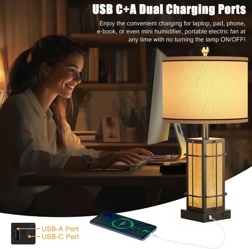 Vista 3 de Juego de 2 lámparas de mesa negras, lámparas de granja de 24 pulgadas para sala de estar con puertos USB C +A, lámparas industriales retro