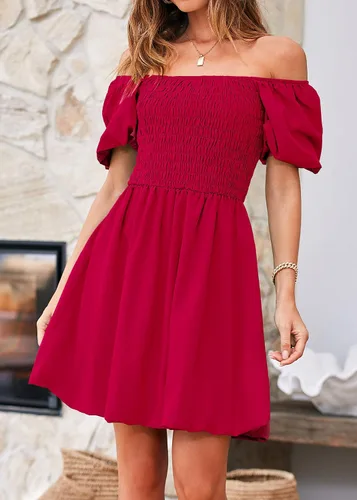 Vista 3 de KIRUNDO Vestido corto de verano para mujer, cuello cuadrado, manga abombada, hombros descubiertos, volantes, acampanado, con volantes