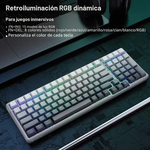 Vista 3 de E-YOOSO - Teclado mecánico inalámbrico Bluetooth, 99 teclas, color gris degradado Wired Gaming Keyboard RGB Backlit, Hot Swappable Pre-lubed