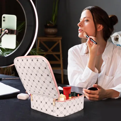 Vista 6 de Bolsa de maquillaje de viaje, organizador de cosméticos impermeable, divisores ajustables, estuche de tren de cosméticos portátil, organizador