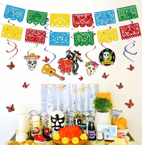 Vista 6 de Juego de 140 piezas de decoración del día de los muertos: decoración del día de los muertos, papel picado, caléndula, mariposa, espirales colgantes