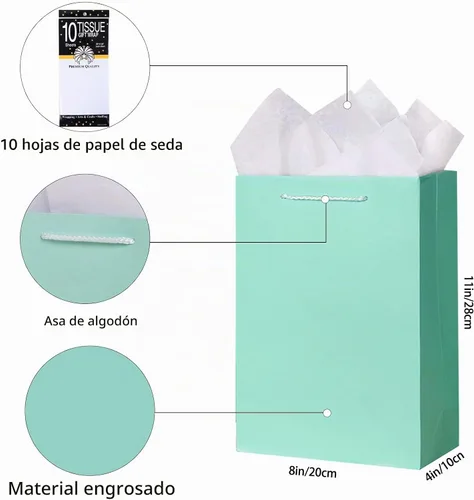 Vista 2 de SHIPKEY Paquete de 10 bolsas de regalo verde aguamarina con papel de seda bolsa de regalo de dama de honor de 8 x 4 x 11 pulgadas, bolsa de papel