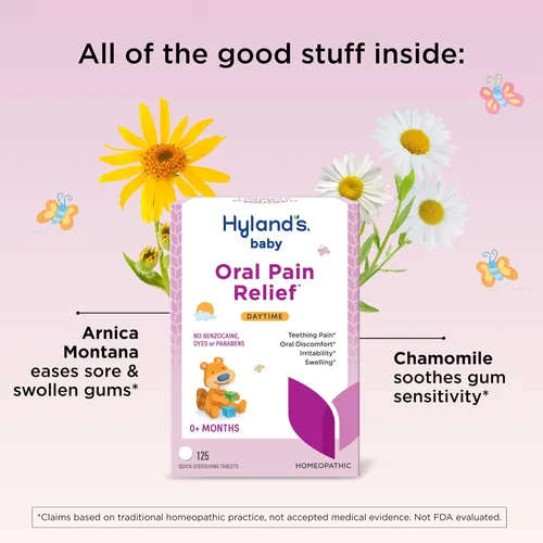 Vista 4 de Hyland's Tabletas calmantes diurnas para bebés con manzanilla, alivio natural de las molestias orales, irritabilidad e hinchazón, hasta 62 dosis
