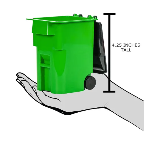Vista 2 de Bote de basura verde en miniatura con tapa y ruedas para figuras de acción de lucha libre