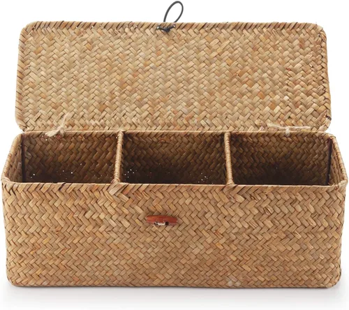 Vista 2 de DECRAFTS Cesta de almacenamiento de pastos marinos con tapa, rectangular, pequeña, tejida con secciones para organizar aperitivos, juguetes, tampón