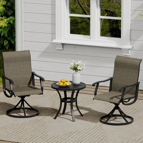 Vista 83 de VICLLAX Muebles pequeños de exterior de 3 piezas, 2 sillas giratorias de patio y mesa redonda pequeña para 2, sillas de carbón oscuro y negro