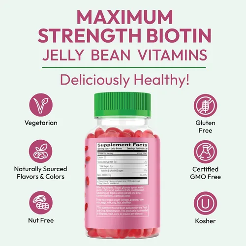 Vista 7 de Human Beanz Biotin Jelly Bean - Vitaminas gomosas, biotina de máxima fuerza para el cabello, la piel y las uñas, 10,000 mcg por porción, vitaminas