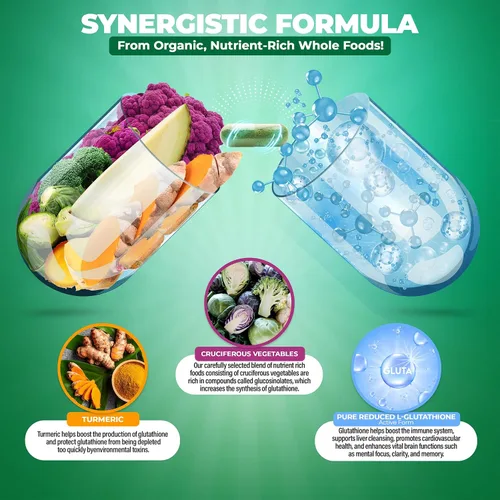 Vista 5 de Suplemento de glutatión liposomal de 500 mg – L glutatión puro (GSH) reducido – Forma activa, hecho con alimentos integrales orgánicos, complejo