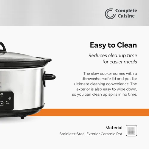 Vista 3 de Complete Cuisine CC-6200-SS-PG Olla de cocción lenta programable de 6 cuartos de galón, olla de cocción lenta ovalada de acero inoxidable con tapa