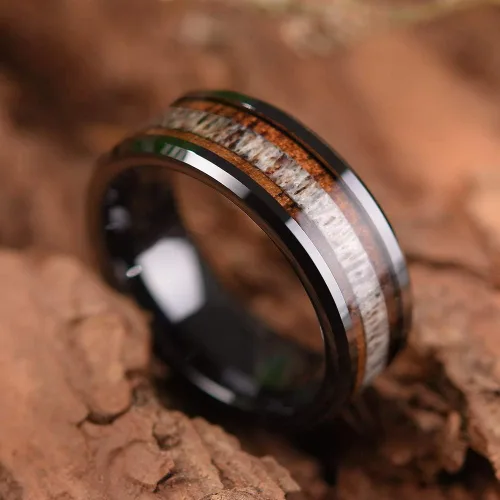 Vista 7 de THREE KEYS JEWELRY 6,8mm Black/White Ceramic Wedding Ring with Real Koa Wood Inlay Flat Top Wedding Band Engagement Ring Comfort Fit Size 4-16