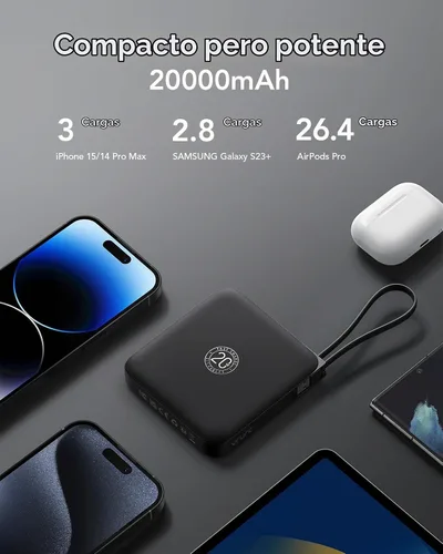 Vista 5 de VRURC Cargador portátil de 20000 mAh de carga rápida de 20 W con 4 cables incorporados