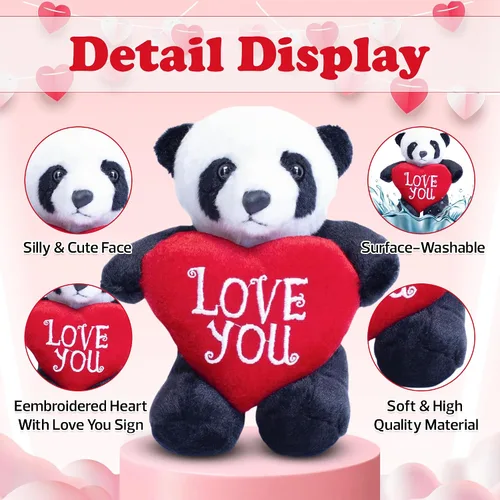 Vista 2 de Adorable animal de peluche de San Valentín de 8 pulgadas con corazón para seres queridos, animal abrazable de primera calidad (Panda con corazón)
