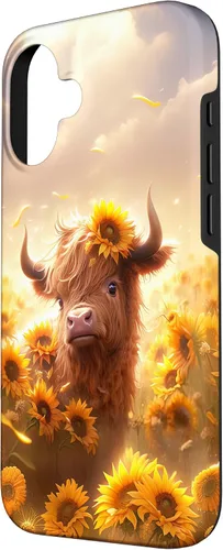 Vista 2 de Cute Scottish Highland Cow Sunflower Western Country Farm Case for iPhone 16