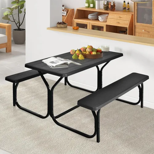 Vista 8 de ORALNER Mesa de picnic, mesa de comedor de resina y 2 bancos, mesa de grano de madera resistente a la intemperie y marco de acero, mesas de picnic