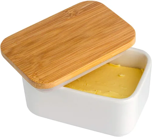Vista 5 de Mantequillera de porcelana con tapa de bambú, recipiente de cerámica para encimera o refrigerador, plato de almacenamiento de mantequilla de cocina