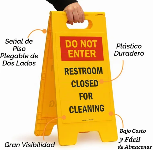 Vista 5 de SmartSign Letrero plegable de dos caras con texto en inglés "Do Not Enter - Restroom Closed For Cleaning", de 25 x 12 pulgadas, plástico, rojo