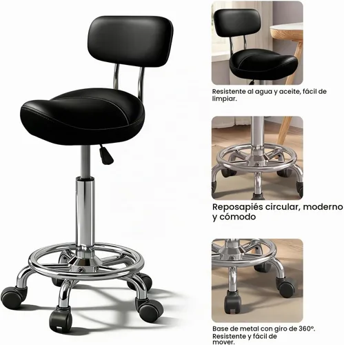 Vista 4 de Taburete con pedal de anillo y respaldo, silla hidráulica ajustable con ruedas para uso médico, masaje, salón, spa, cocina y dibujo