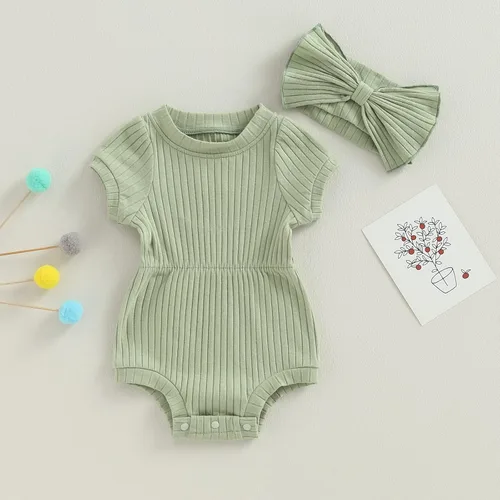 Vista 30 de Traje de verano para niña pequeña, de manga corta, acanalado, overol liso, pantalones cortos, ropa para recién nacidos