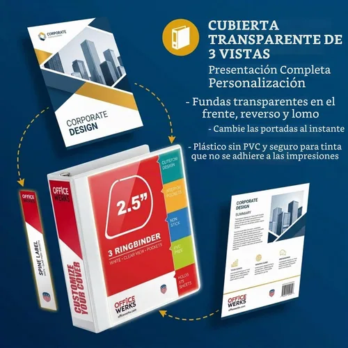 Vista 8 de Carpeta de 3 aros, aros inclinados con forma en D, portada con bolsa transparente.