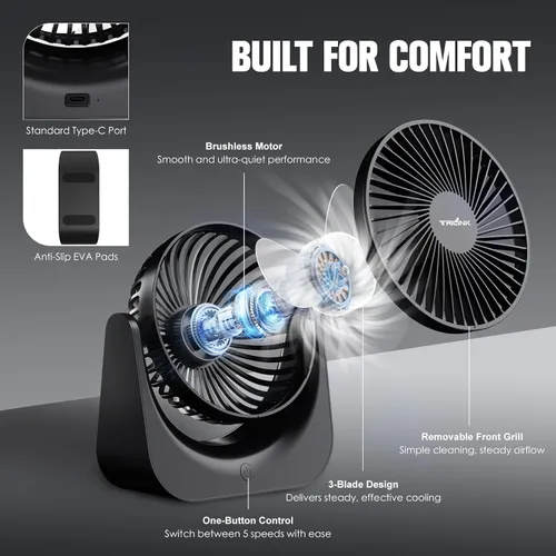 Vista 3 de TRILINK Pequeño ventilador de escritorio USB – Mini ventilador de mesa de 5 velocidades con inclinación ajustable, ultra silencioso, alimentado por