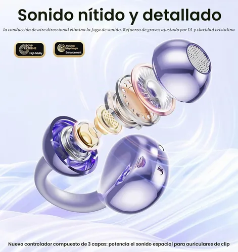 Vista 4 de Auriculares con clip, auriculares de oreja abierta inalámbricos Bluetooth 5.4, auriculares ligeros de oreja abierta con micrófono batería 59H Negro