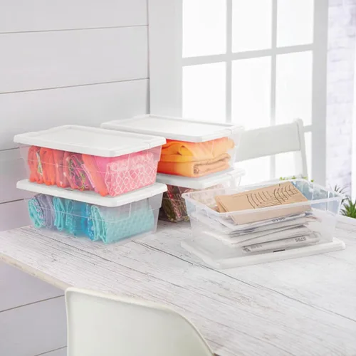 Vista 5 de Sterilite - Paquete de 12 cajas de almacenamiento apilables con tapas a presión; contenedor organizador de plástico resistente para armario, baño