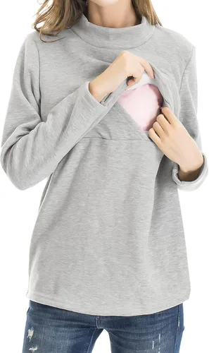 Vista 2 de Smallshow Camisetas de lactancia de forro polar para mujer, ropa de lactancia materna de manga larga