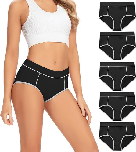 Vista 11 de POKARLA - Ropa interior elástica de algodón para mujer, pantaletas de cintura media alta, paquete de 5 Negro