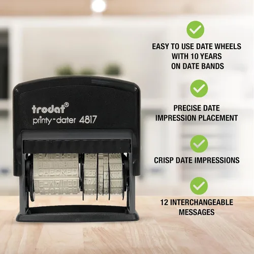 Vista 2 de Trodat Printy 4817 Economy Dial-A-Phrase, 12 mensajes populares de oficina, mes en letras, día y año en números, sello de fecha de goma – Negro