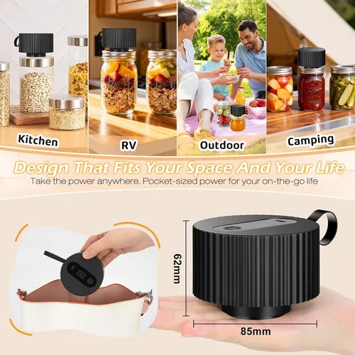 Vista 6 de Kit de sellador al vacío para tarros de masón: sellador eléctrico portátil de alimentos negro de sellado automático de los años 40 para frascos