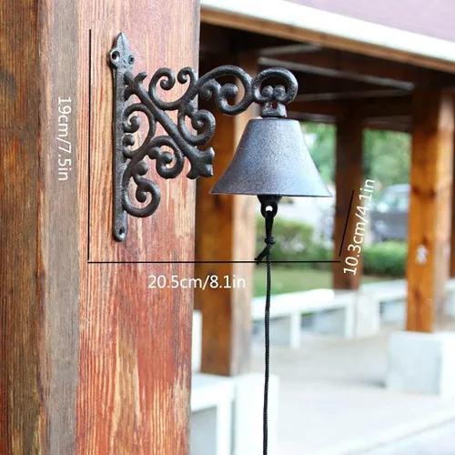 Vista 6 de Colgante de jardín al aire libre, campana rústica antigua de hierro fundido grande montado en la pared, timbre de metal para decoración fuera