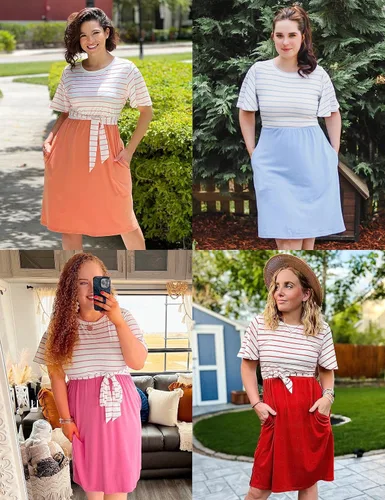 Vista 5 de MEROKEETY - Vestido largo hasta por debajo de la rodilla para el verano, con mangas de rayas y con volantes, con bolsillos en la cintura, con tira