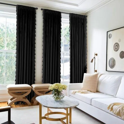 Vista 2 de Fazhesici Cortinas opacas de terciopelo negro de 63 pulgadas de largo para ventanas, cortinas con bolsillo para barra con borlas, cortinas térmicas