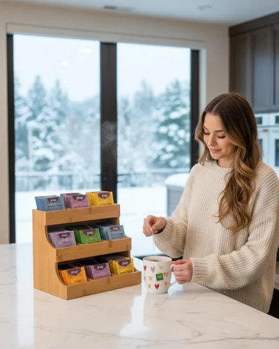 Vista 6 de Theodore Organizador vertical de té de bambú, capacidad para 180 bolsas de té, caja compacta de almacenamiento de té de madera para el hogar