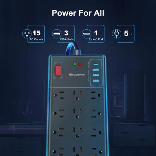 Vista 2 de Regleta de alimentación con protector de sobretensiones, 15 tomas de corriente ampliamente espaciadas y 4 puertos USB (1 puerto USB C), cable