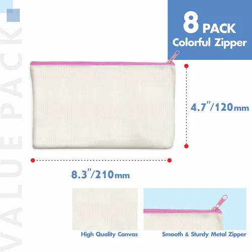 Vista 3 de Paquete de 8 bolsas de lona coloridas con cremallera, bolsas para manualidades DIY, bolsas de lona de viaje para maquillaje, cosméticos, artículos