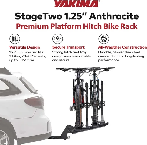 Vista 2 de Yakima StageTwo - Portabicicletas de enganche de bandeja ajustable escalonada premium de 1.25 pulgadas para 4 bicicletas, se adapta a distancias