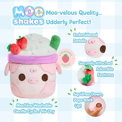 Vista 4 de PlushGoals Strawberry Mooshake - Lindo batido de vaca kawaii, juguete de peluche, 11 pulgadas