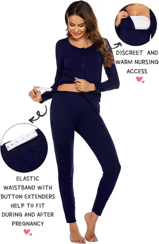 Vista 3 de Ekouaer Ropa interior térmica con botones para mujer, pijama de maternidad con forro polar de microfibra, conjunto de pijamas de invierno largo