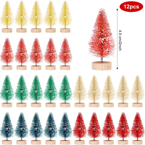 Vista 2 de Mini árboles de Navidad artificiales, cepillo para botellas, árboles helados de nieve con base de madera, árboles de mesa de plástico, adornos