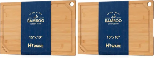 Vista 12 de HIWARE Juego de 4 Piezas de Tablas de Cortar Extra Grandes de Madera - Tablas de Cortar de Bambú para Preparación de Comidas y Servicio