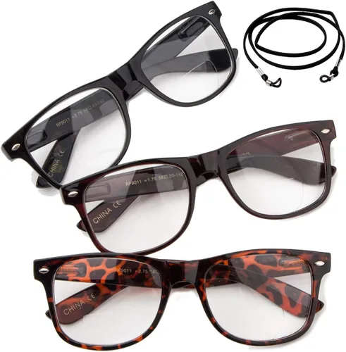 Vista 5 de Gafas de lectura de marco grande para hombres y mujeres, cómodos y elegantes anteojos de lectura simples Paquete de 3 - Azul con 1 cordón