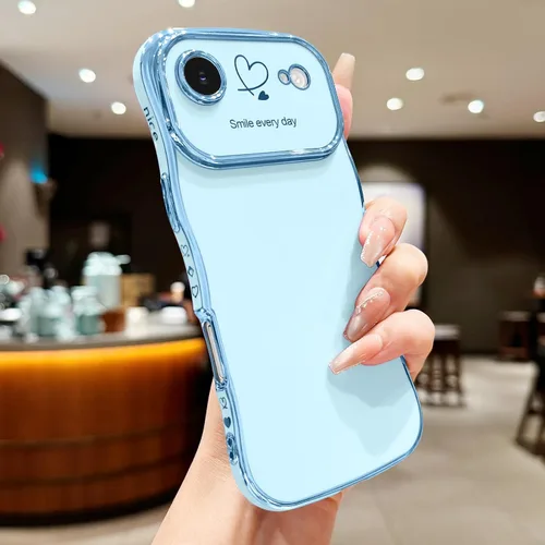 Vista 2 de LCHULLE - Funda para iPhone Air, linda para mujeres y niñas, con forma de onda, color azul bebé Luxury Plating Curly Wavy Frame with Love Heart