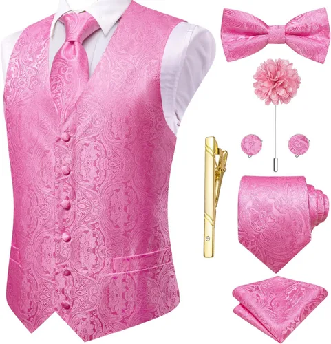 Vista 13 de Hi-Tie Chaleco de traje de seda para hombre, corbata y corbatín de solapa, clip de corbata dorado, chaleco floral de cachemira, 8 piezas, conjunto