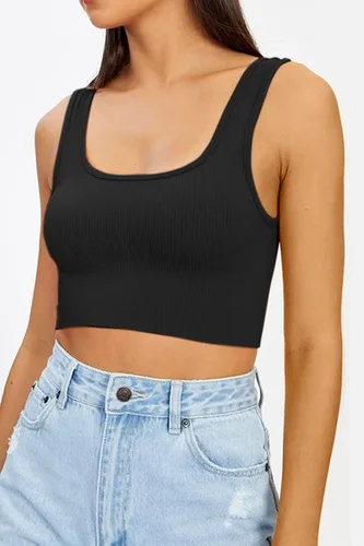 Vista 2 de CHYRII Paquete de 3 camisetas de verano para mujer, cuello cuadrado, acanaladas, básicas, sin mangas